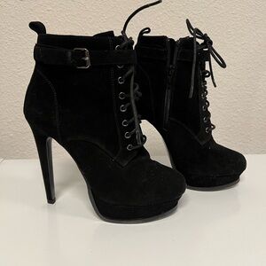 New Aldo Suede Black Zipped Laced Booties Heels 7